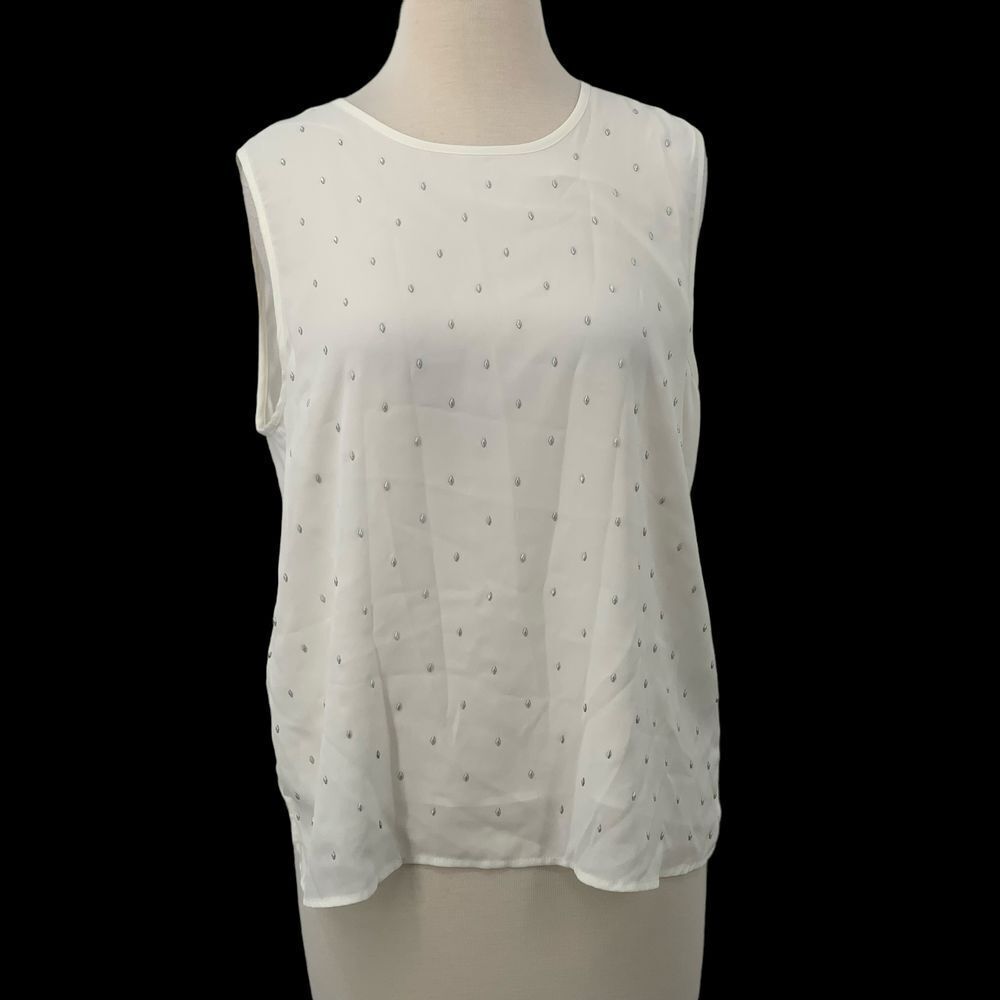 Vince Camuto Women's Sheer Sleeveless Geo Metal Studded Ivory Chiffon Top Size M